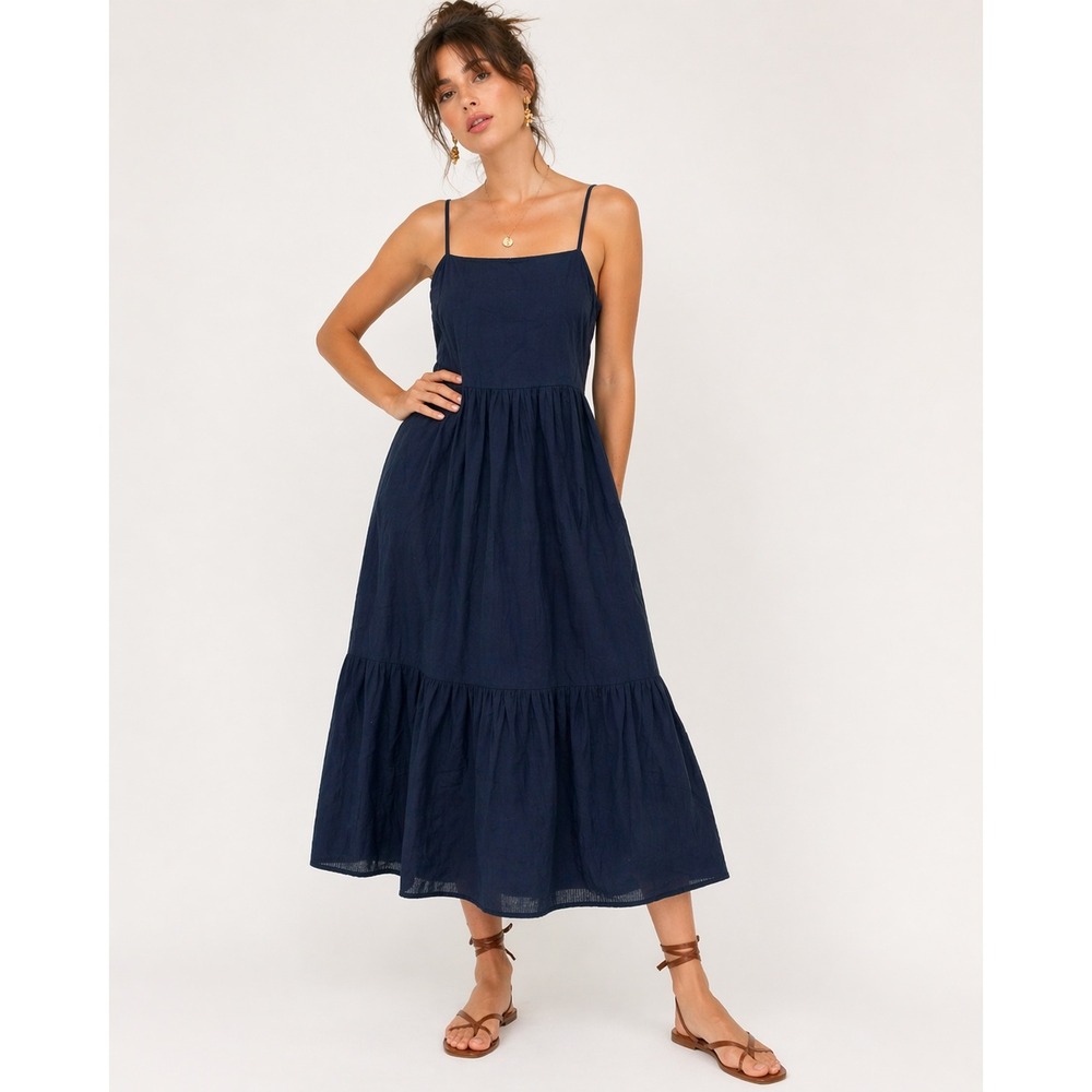 Dizzy Lizzy Navy Blue Cotton Tiered Smocked Back Midi Dress XL Sleeveless NWOT